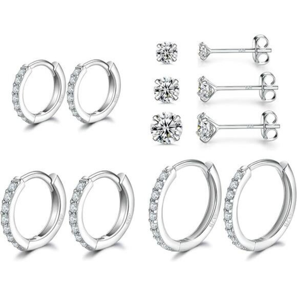 Sterling Silver Hoop Stud Earrings Set 6 Pairs CZ Hypoallergenic Cartilage - Picture 7 of 7